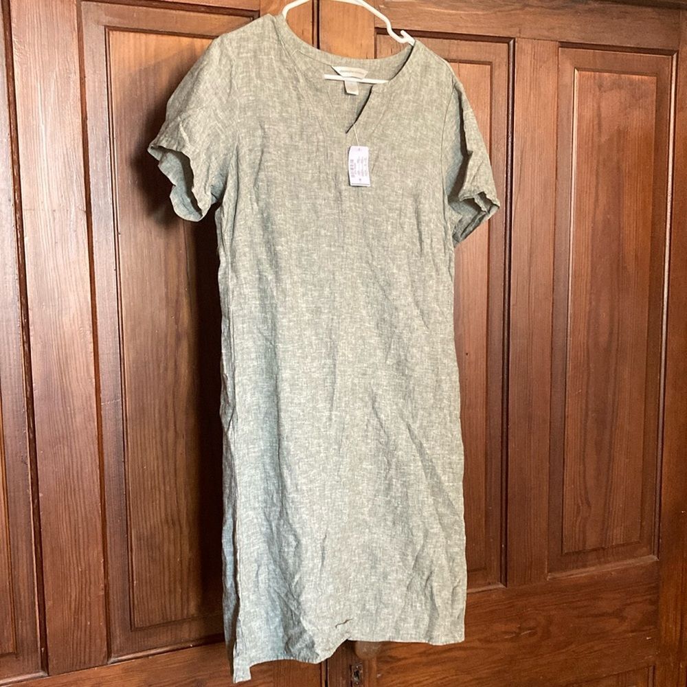Christopher & Banks Green Short Sleeve V-Neck Linen Blend Knee Length Dress M